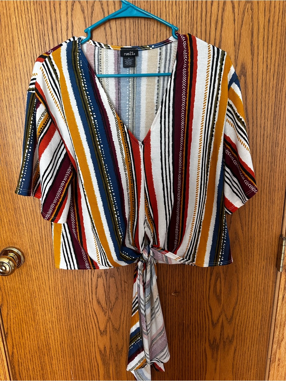 Rue21 V-Neck Striped Tie-Front Crop Top in White, Mustard & Navy